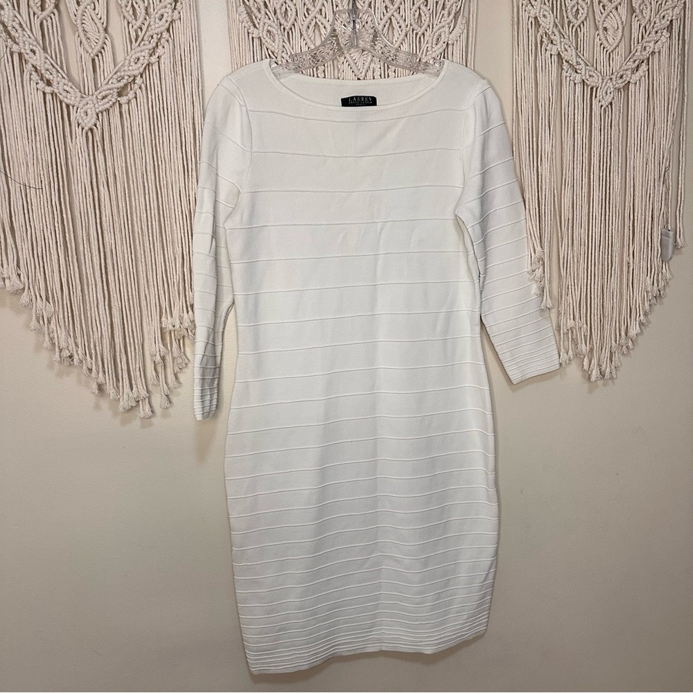 Ralph Lauren White Stretch Bodycon 3/4 Sleeve Dress